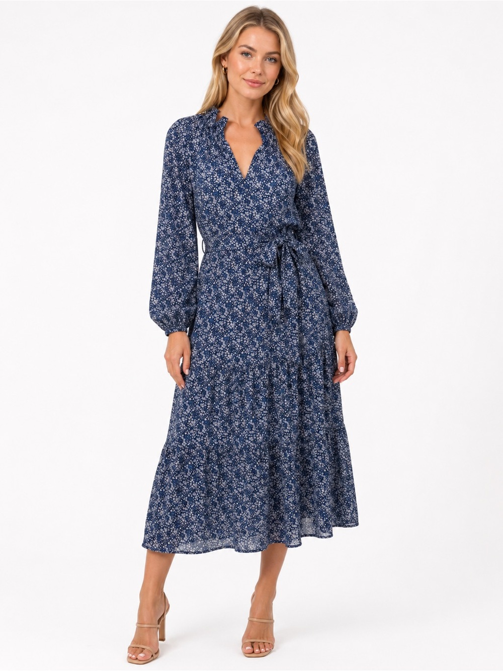 Sara Campbell Tiered Midi Floral Maxi Dress with Belt Small